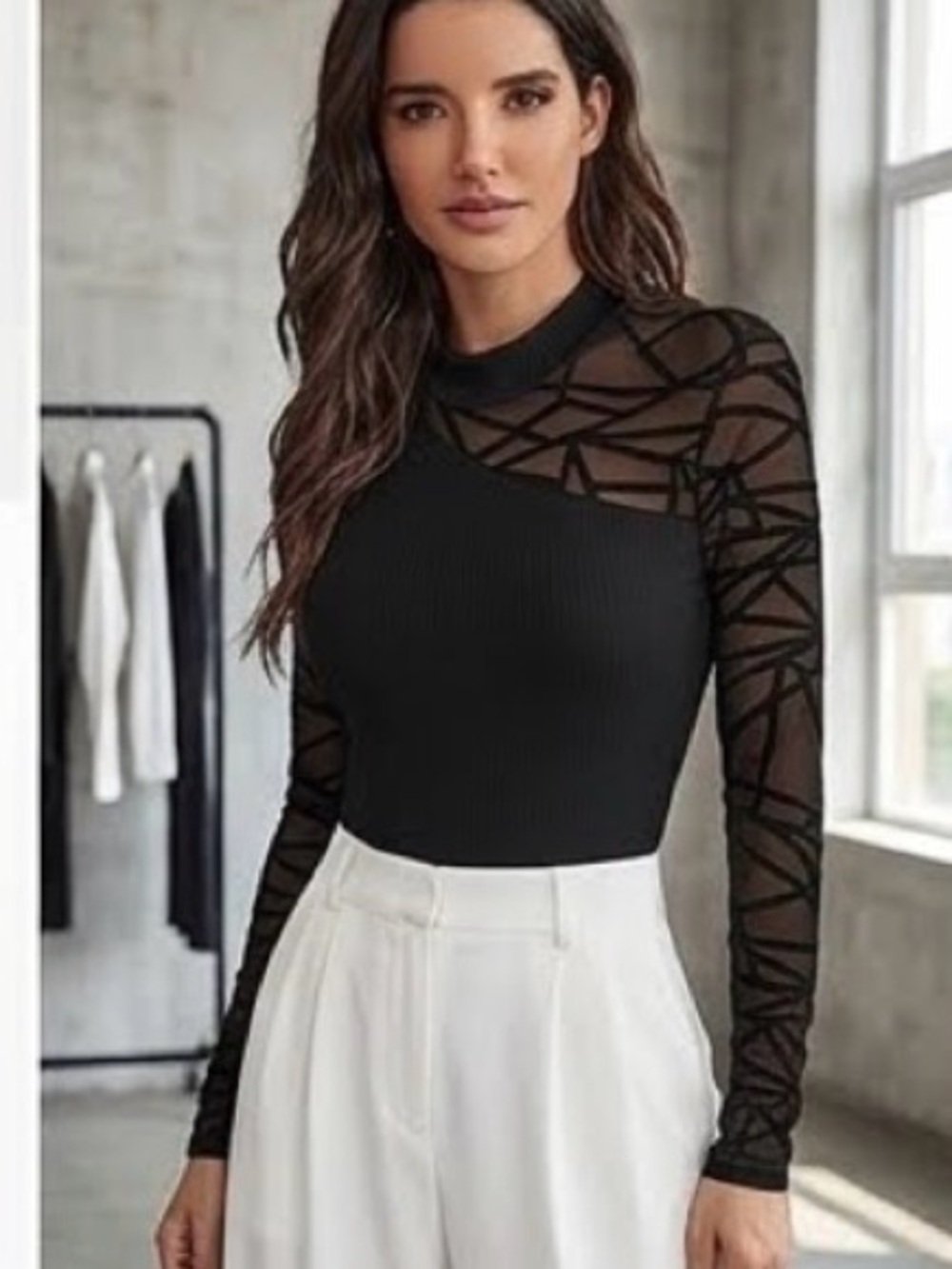 Black Geometric Mesh Long-Sleeve Bodysuit